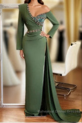 Long Mermaid One Shoulder Front Slit Semi Formal Dresses With Sleeves